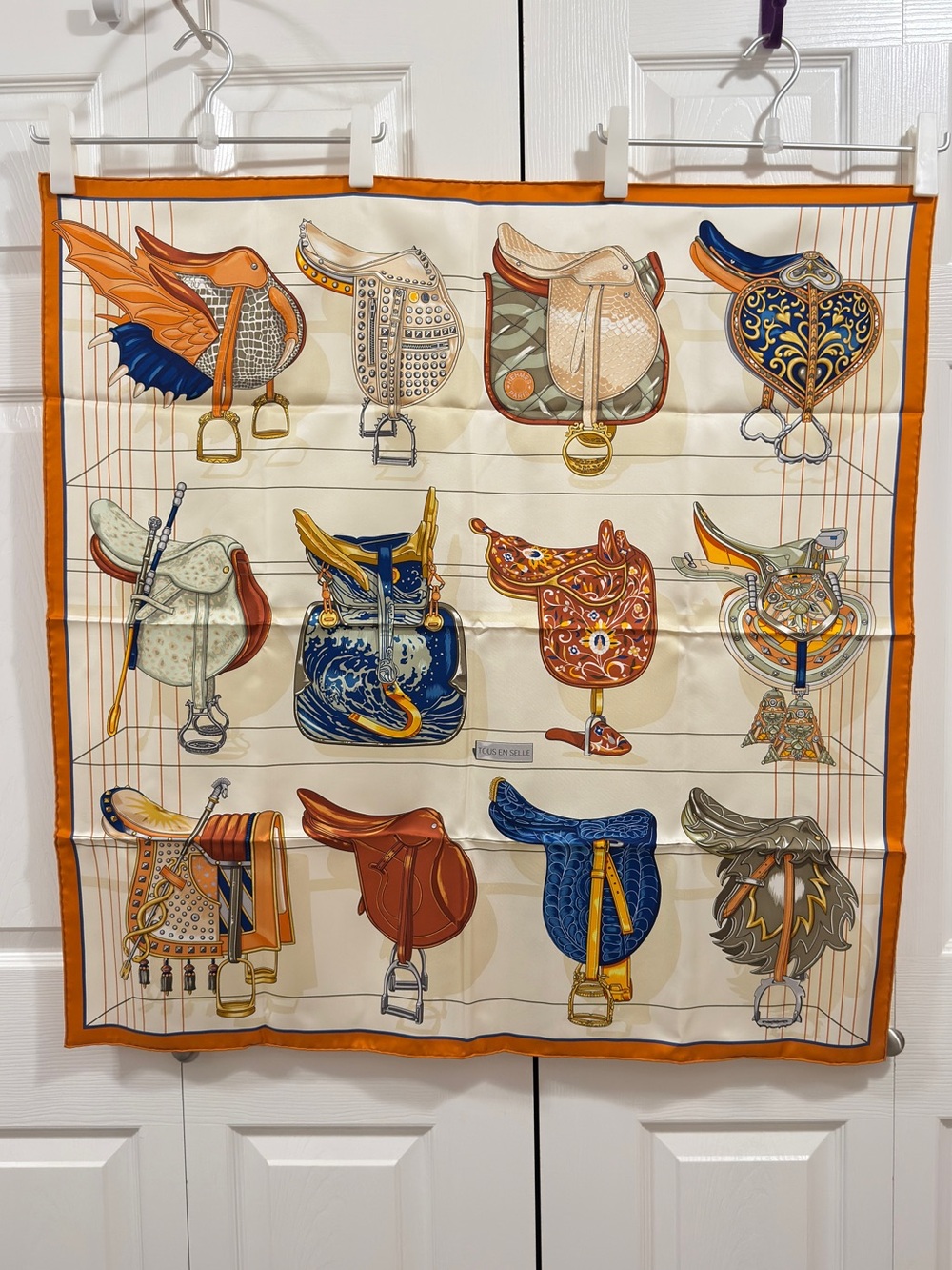 Hermes 90cm Tous En Selle - Cream & Orange Scarf